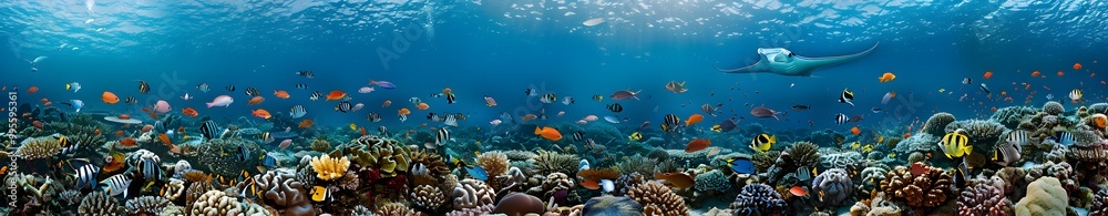 Fototapeta premium A panoramic view of the underwater world, showcasing vibrant coral reefs teeming with colorful fish and sea creatures in their natural habitat