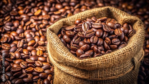 Close up of sack burlap bag filled with coffee beans showing aromatic roasted coffee