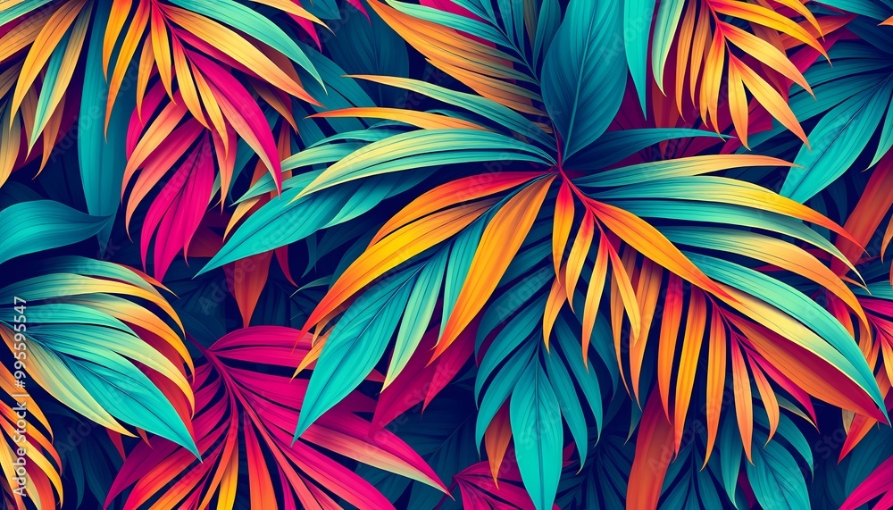 Energetic Tropical Palm Leaf Pattern in Neon Pink, Deep Blue, Orange, and Yellow Abstract Style Energetic Tropical Palm Leaf Pattern in Neon Pink, Deep Blue, Orange, and Yellow Abstract Style