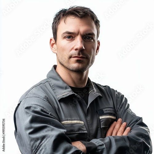 photo of a smooth faced auto mechanic looking forward on a white background