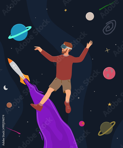 Virtual reality experiencing floating man in galaxy vector Illustration 