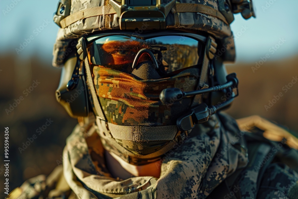 A military personnel in camouflage gear with a helmet and protective goggles, their expression showing resolve and alertness as they patrol a rugged terrain.