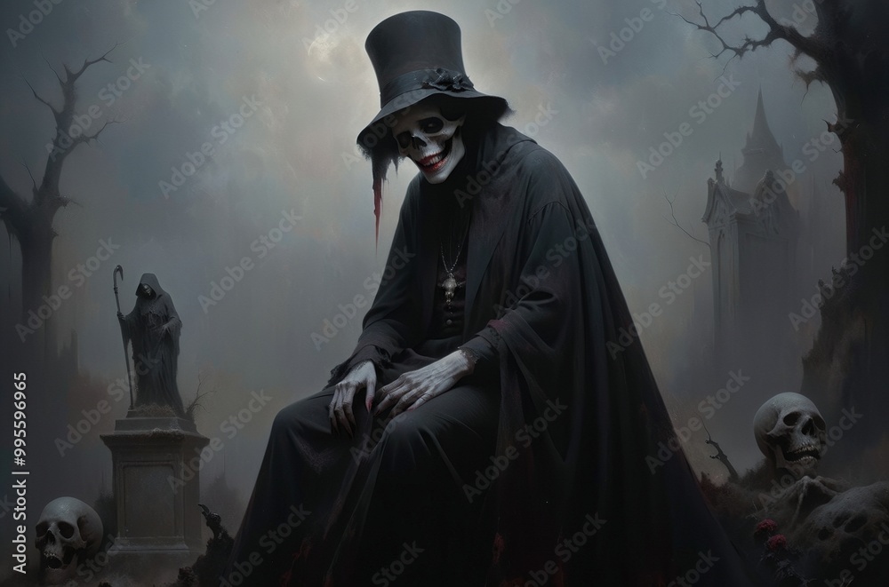 A dead skeletal person with a skull face dressed in a black and red cape and hat sits on a tombstone grave in a misty graveyard. Grim reaper, Death, Santa Muerte, Baron Samedi horror illustration. A dead skeletal person with a skull face dressed in a black and red cape and hat sits on a tombstone grave in a misty graveyard. Grim reaper, Death, Santa Muerte, Baron Samedi horror illustration.