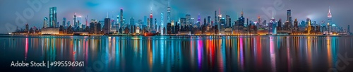 Panoramic photograph of the skyline of New York City at night, with lights reflecting on the water and buildings lit up in a variety of colors
