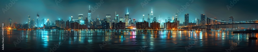 Fototapeta premium Panoramic view of the New York skyline at night, highly detailed, lights reflecting on water, buildings lit up with neon signs, skyscrapers towering over the cityscape
