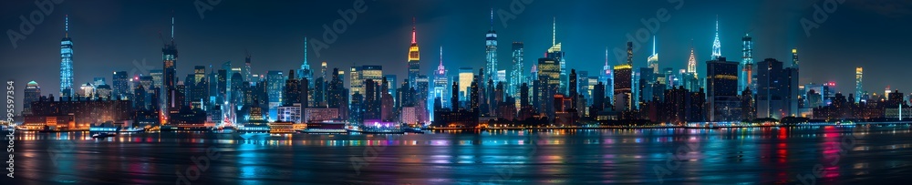 Fototapeta premium Panoramic view of the New York skyline at night, highly detailed, lights reflecting on water, buildings lit up with neon signs, skyscrapers towering over the cityscape