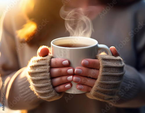 Woman wearing a beige sweater and fingerless gloves holding a hot mug of tea or coffee in her hands on a cold day