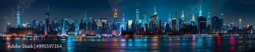 Panoramic view of the New York skyline at night, highly detailed, lights reflecting on water, buildings lit up with neon signs, skyscrapers towering over the cityscape photo