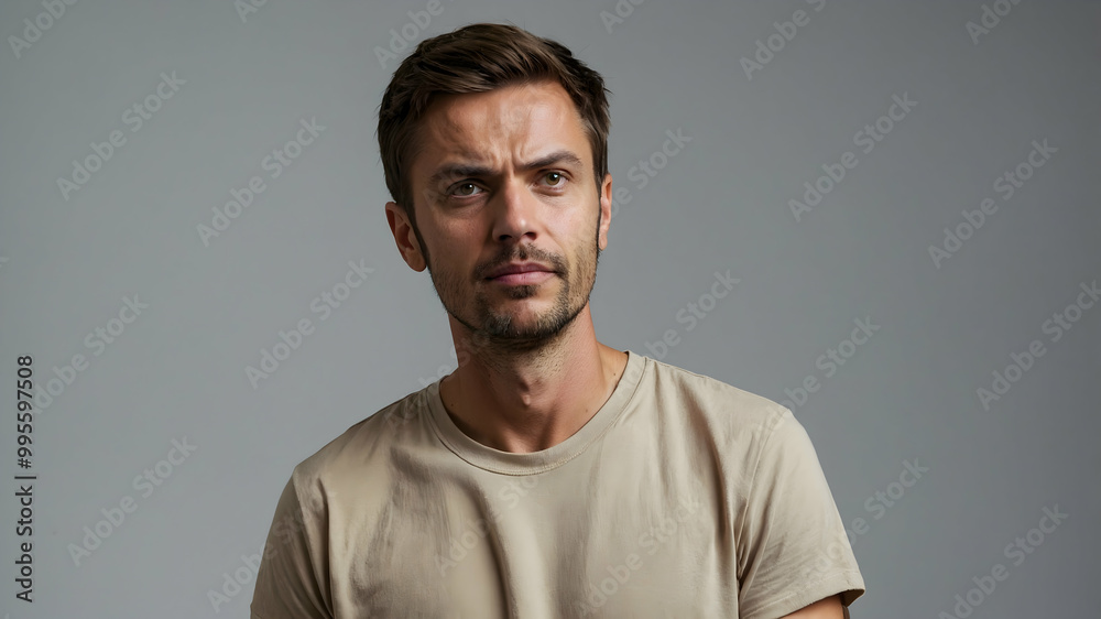 Thoughtful Man in Beige T-shirt: A portrait of a young man with a contemplative expression, captured in a candid moment of deep thought. Thoughtful Man in Beige T-shirt: A portrait of a young man with a contemplative expression, captured in a candid moment of deep thought.