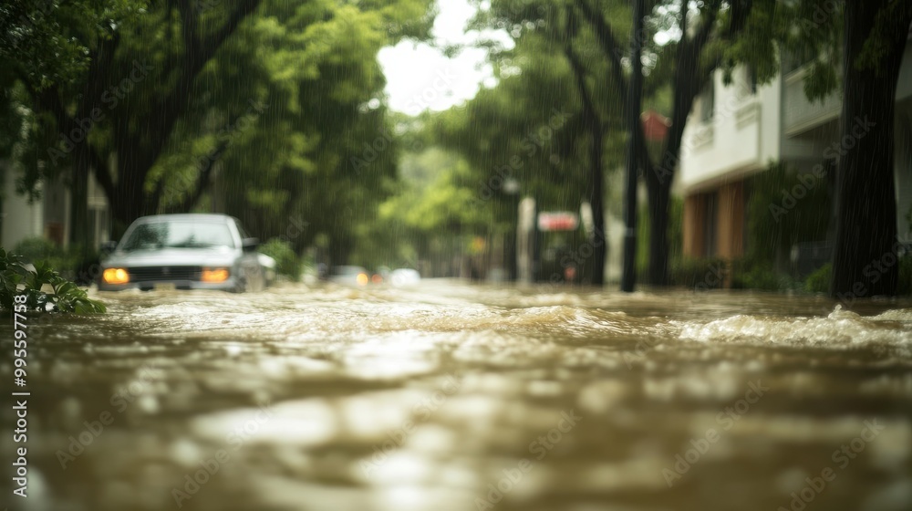 City street, flood or water with danger, property damage or extreme weather with rainfall, insurance claim or emergency. danger or global warming with road closure, climate change or disaster City street, flood or water with danger, property damage or extreme weather with rainfall, insurance claim or emergency. danger or global warming with road closure, climate change or disaster
