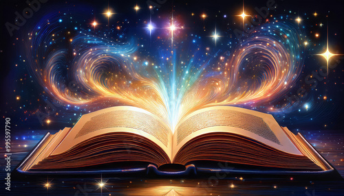 Open book is emitting a magical beam of light made of swirling gold and blue energy with shining stars in a dark night sky
