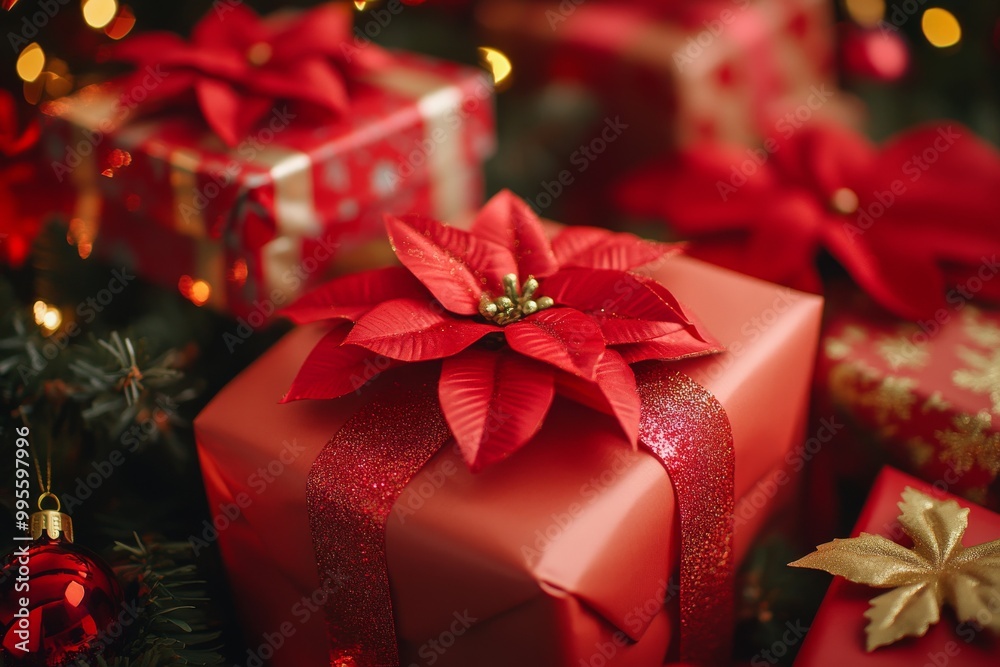 Red and gold Christmas presents with bows arranged under a tree decorated with ornaments surrounded by glowing lights and festive holiday decor