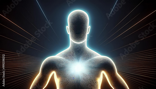 Abstract image of a glowing human body with light beams, evoking meditation and healing. Wireframe grid and mesh lines add a touch of science. Dark background with blue, gold, and white hints