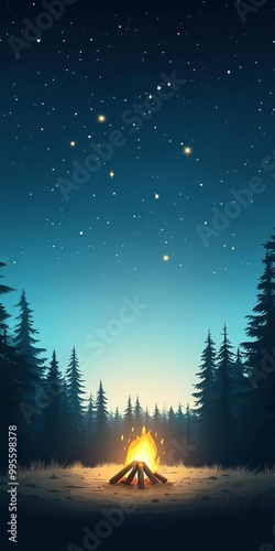 A campfire in the forest under a starfilled sky photo