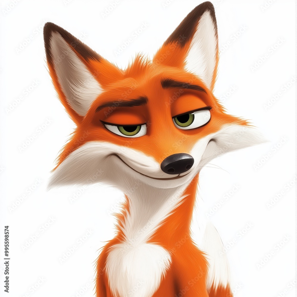 Fototapeta premium A fox with a somewhat arrogant expression, slightly narrowing his eyes, radiates confidence. On a white background.