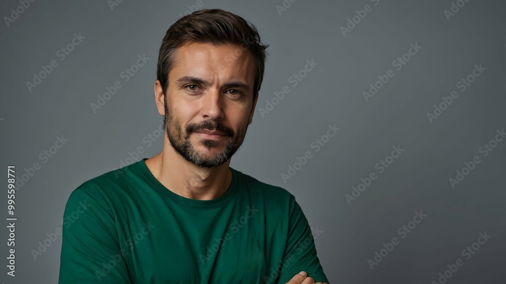 Confident Man in Green: Portrait of a handsome man with a beard, wearing a green long-sleeved shirt, against a gray background. He exudes confidence and strength. Confident Man in Green: Portrait of a handsome man with a beard, wearing a green long-sleeved shirt, against a gray background. He exudes confidence and strength.