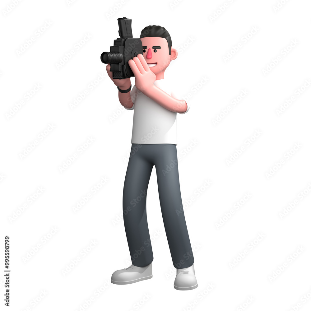 3D Cartoon Camera Expert. A male photographer is standing holding a camera with both hands and bringing it close to his face, as if looking through the lens or viewfinder. Visual Arts Scene 3D Cartoon Camera Expert. A male photographer is standing holding a camera with both hands and bringing it close to his face, as if looking through the lens or viewfinder. Visual Arts Scene