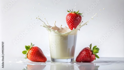 Strawberry splashing into a glass of milk surrounded by two other strawberries