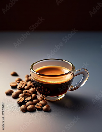 Glass of espresso is sitting on a table with coffee beans scattered around it