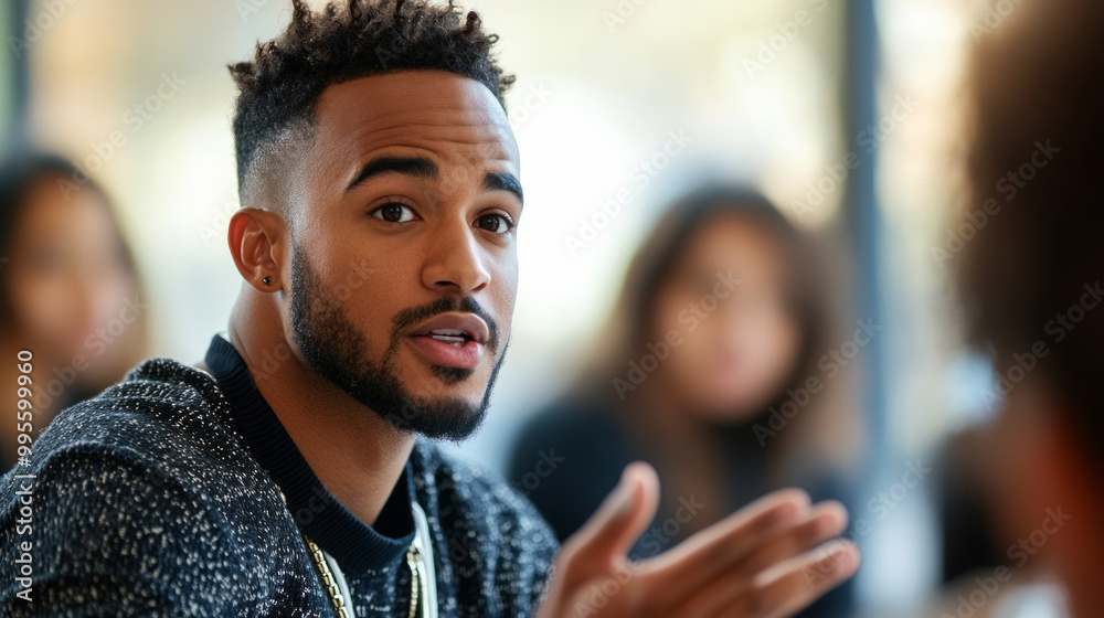 Fototapeta premium Team leader engages in discussion with group members during a collaborative meeting in a bright conference room