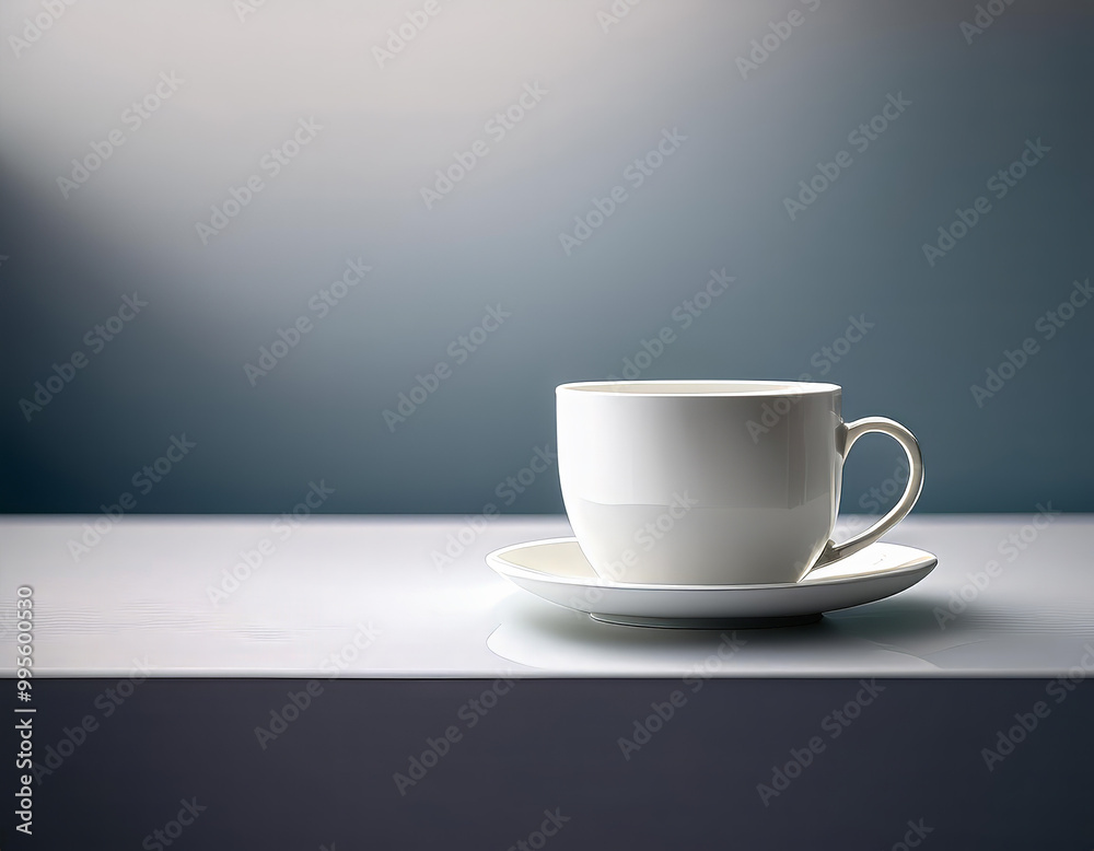 White coffee cup and saucer are sitting on a white tabletop against a blue background White coffee cup and saucer are sitting on a white tabletop against a blue background
