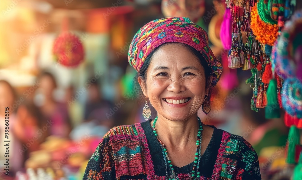 Fototapeta premium Smiling woman wearing colorful clothes and jewelry.