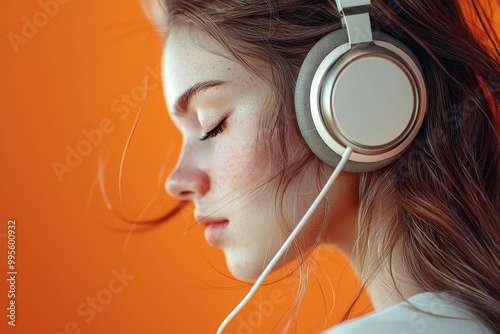 young female model wearing luxury headphones - side profile portrait photo