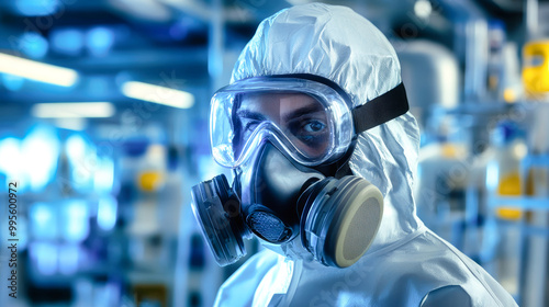 A man in a sleek, reflective hazmat suit with a gas mask stands in a cutting-edge lab, surrounded by advanced equipment and colorful safety markings