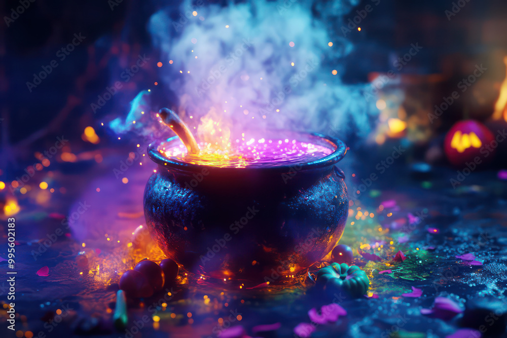 A magical cauldron simmers with colorful steam and sparkling lights, set in an enchanting and mystical environment. A magical cauldron simmers with colorful steam and sparkling lights, set in an enchanting and mystical environment.