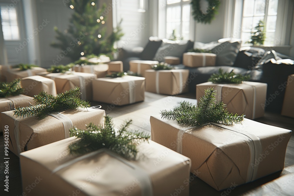 Christmas presents wrapped in beige paper with pine sprigs and twine arranged on the floor in front of a large window with holiday lighting Christmas presents wrapped in beige paper with pine sprigs and twine arranged on the floor in front of a large window with holiday lighting