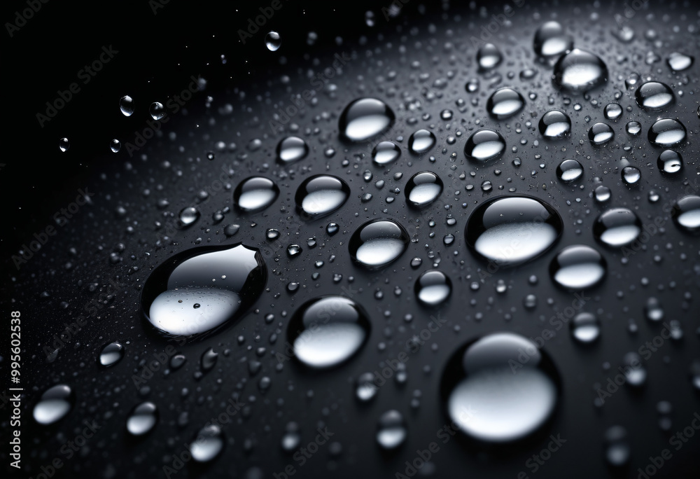 Water drops close-up on a black surface. Splashes of water on a flat surface. Abstract dark background