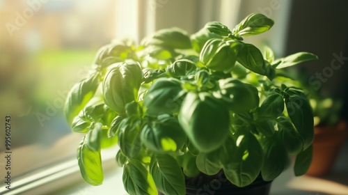 Growing basil plant on a sunny windowsill in a cozy home environment during early morning hours