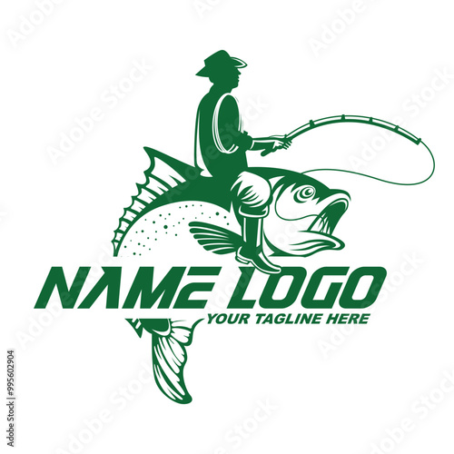 Fishing vector for logo. Fishing logo with rod. Man Riding Tuna Fish Like a Rodeo. Bass fishing tournament logo design vector