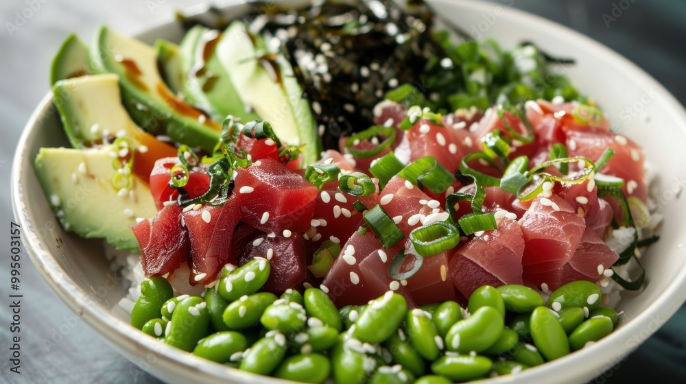 Fresh Poke Bowl with Tuna, Avocado, Edamame, Seaweed, Sesame, and Sushi Rice Fresh Poke Bowl with Tuna, Avocado, Edamame, Seaweed, Sesame, and Sushi Rice