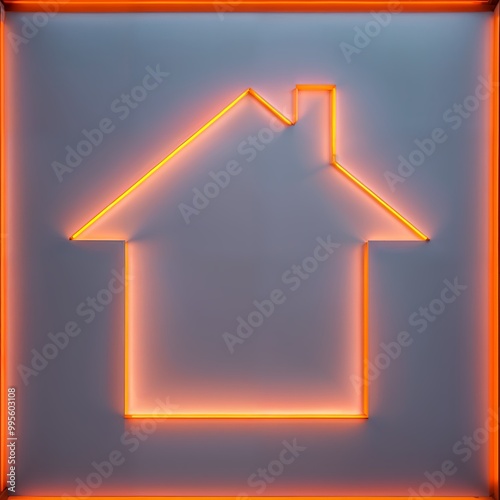 minimalistic house outline created with bright neon orange lines, combining modern design with a futuristic glowing aesthetic to represent home, innovation, and simplicity