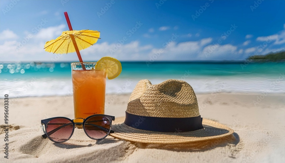 Relaxing Day at the Beach With Sunglasses, a Hat, and Refreshing Tropical Drink Relaxing Day at the Beach With Sunglasses, a Hat, and Refreshing Tropical Drink