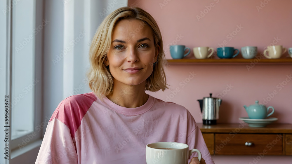 Morning Ritual: A serene woman with blonde hair and a warm smile enjoys a cup of coffee in a cozy, pastel-hued kitchen, capturing the simple pleasures of a peaceful start to the day. Morning Ritual: A serene woman with blonde hair and a warm smile enjoys a cup of coffee in a cozy, pastel-hued kitchen, capturing the simple pleasures of a peaceful start to the day.