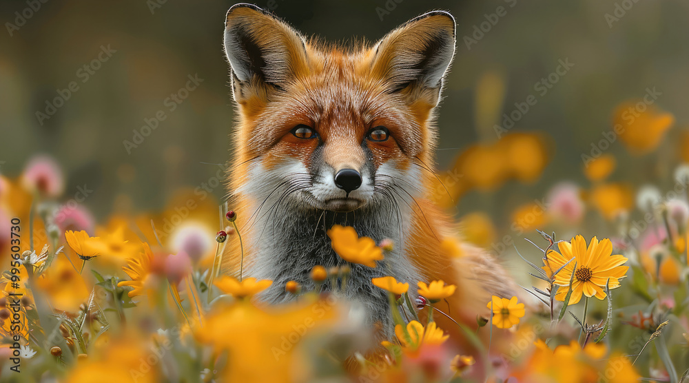 Fototapeta premium A vibrant red fox darting through a field of wildflowers, embodying the playful and curious aspects of wildlife in action.