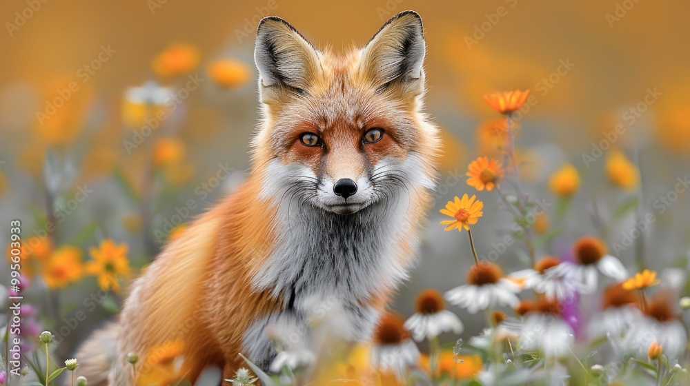 Fototapeta premium A vibrant red fox darting through a field of wildflowers, embodying the playful and curious aspects of wildlife in action.