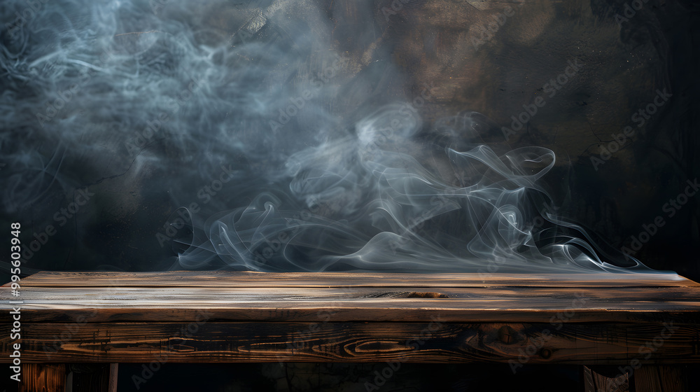 wooden Empty space for displaying your products, with a smoke float up on a dark wooden background. Generative AI. wooden Empty space for displaying your products, with a smoke float up on a dark wooden background. Generative AI.