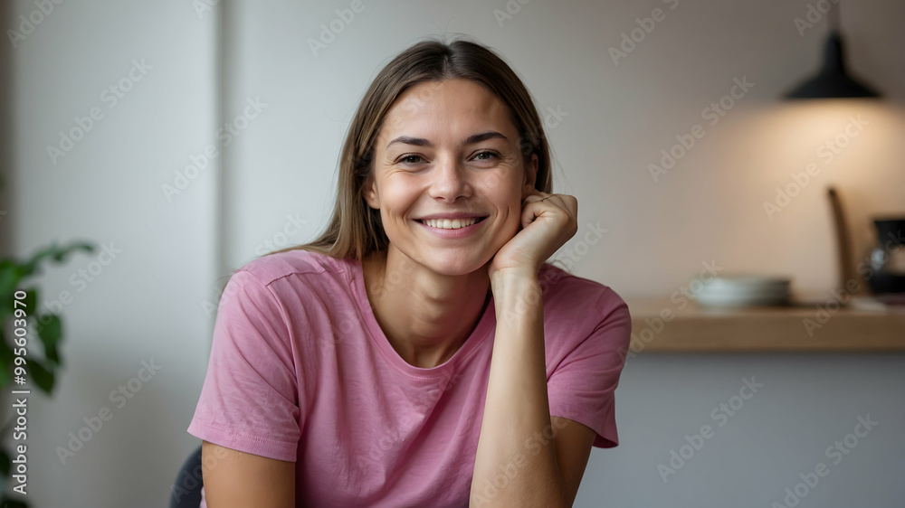Smiling Woman, Pink T-Shirt, Home Portrait Smiling Woman, Pink T-Shirt, Home Portrait