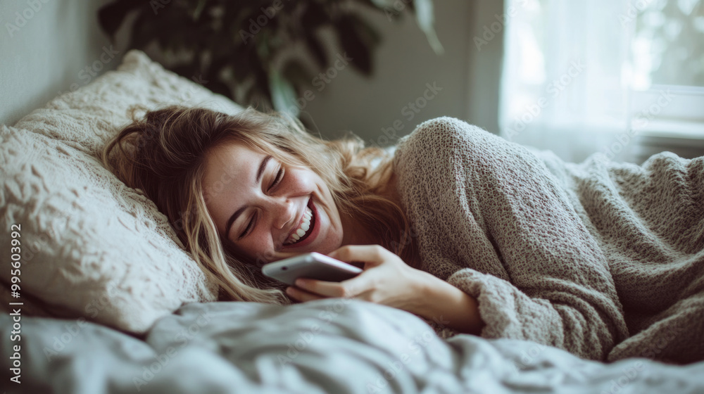 Obraz premium A young woman enjoys a relaxing afternoon in her cozy bedroom, happily reading on her phone while lying on the bed