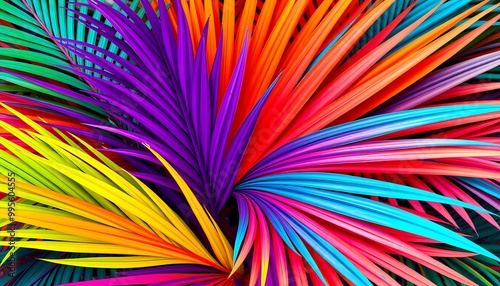 Crimson Red, Cobalt Blue, and Neon Yellow Palm Leaves Vibrant Abstract Tropical Paradise Design photo