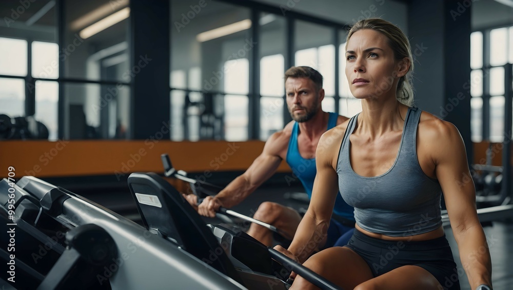 Focused Determination: A couple's intense workout on a rowing machine, reflecting their commitment to fitness and a healthy lifestyle. Focused Determination: A couple's intense workout on a rowing machine, reflecting their commitment to fitness and a healthy lifestyle.
