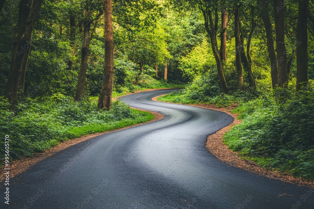 Obraz premium Winding road through a forest. This image can be used to represent travel, adventure, and nature.