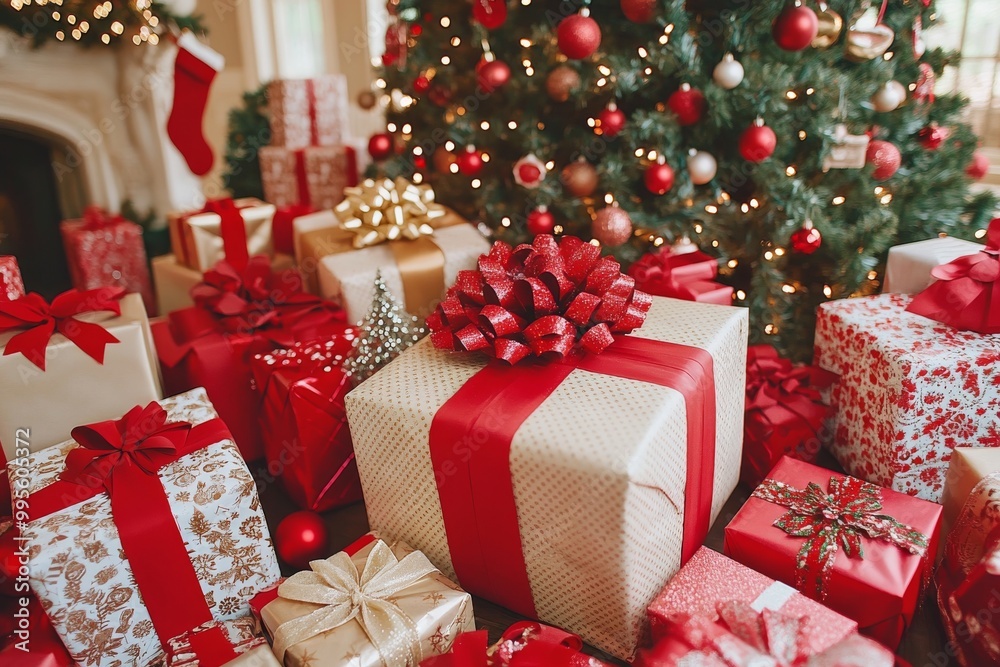 Pile of Christmas gifts with red and gold bows placed under a beautifully decorated tree in a living room with glowing lights Pile of Christmas gifts with red and gold bows placed under a beautifully decorated tree in a living room with glowing lights