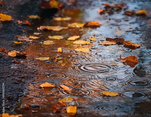 hojas de arbol caidas sobre un charco de lluvia photo