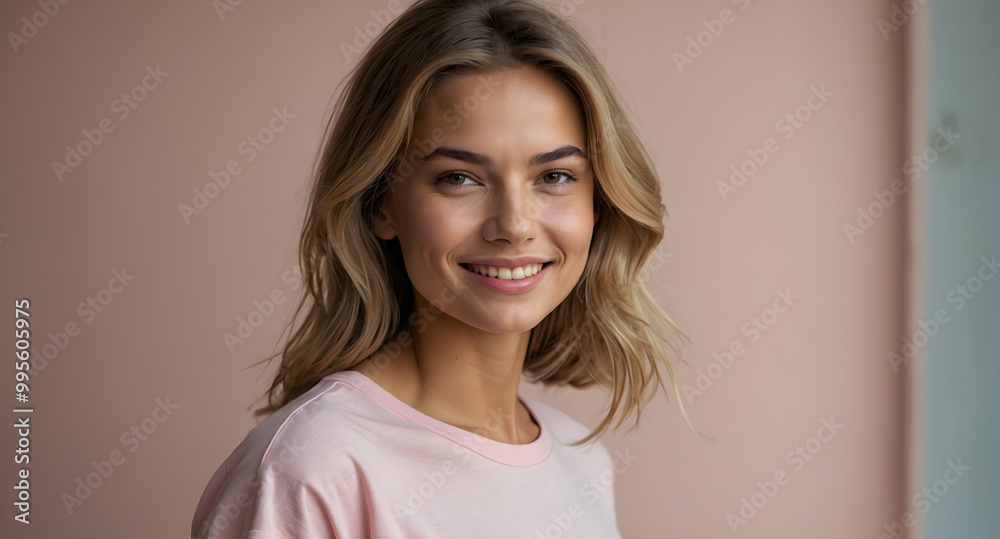 Smiling Woman in Pink: A captivating portrait of a young woman with a radiant smile and natural beauty, showcasing a relaxed and confident mood.