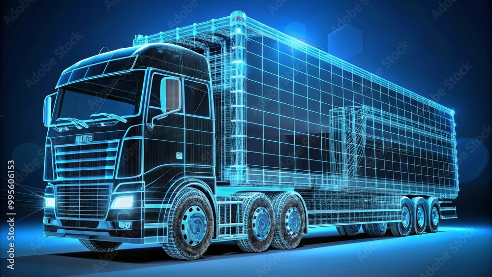 Digital wireframe of a truck glowing blue representing the concept of electric, autonomous vehicles Digital wireframe of a truck glowing blue representing the concept of electric, autonomous vehicles