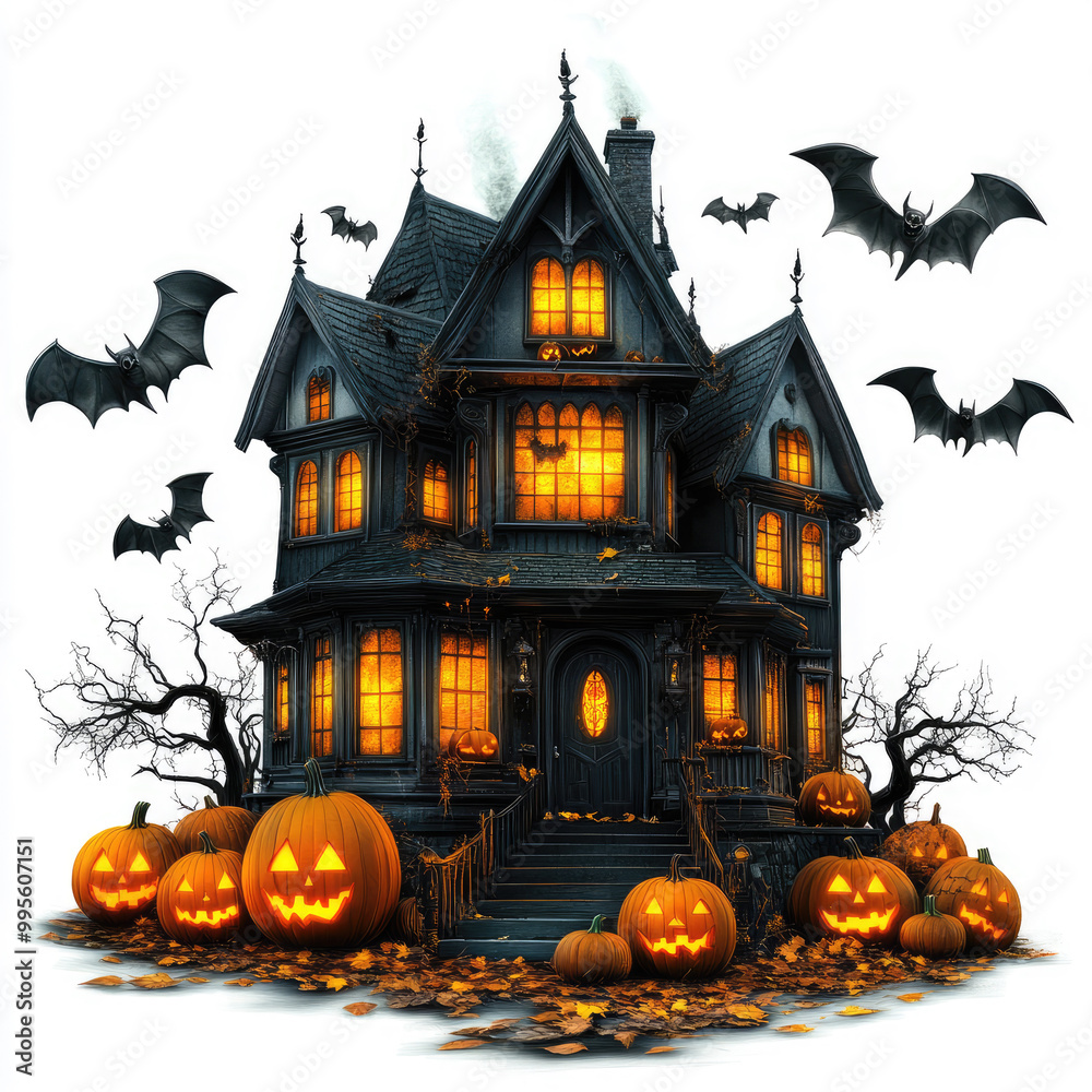 Spooky victorian haunted house with glowing pumpkins and flying bats Spooky victorian haunted house with glowing pumpkins and flying bats